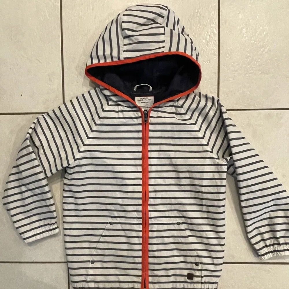 Janie and Jack White Navy Striped Raincoat with Orange Trim